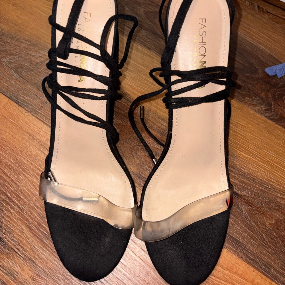 Fashion Nova Black and Clear Strappy Heels